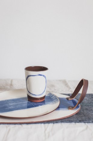Large Terracotta Platter with Leather Handles and a Beaker, 2015